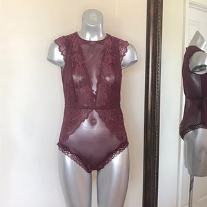 NWT wine color see through lace teddy bodysuit